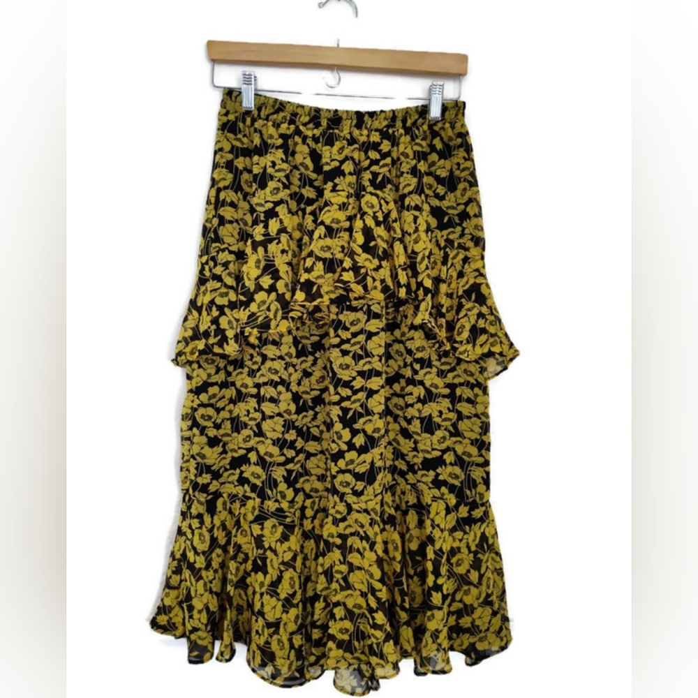 Who What Wear Floral Ruffle Yellow And Black Semi Sheer Lined Skirt - Small